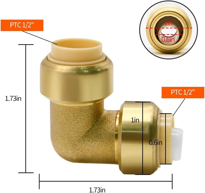 Ruby Q 12 Pack Push-to-Connect Plumbing Fittings, 1/2" Pushfit Elbow Fittings with Disconnect Clip for Copper, PEX, CPVC Pipe - Image 2